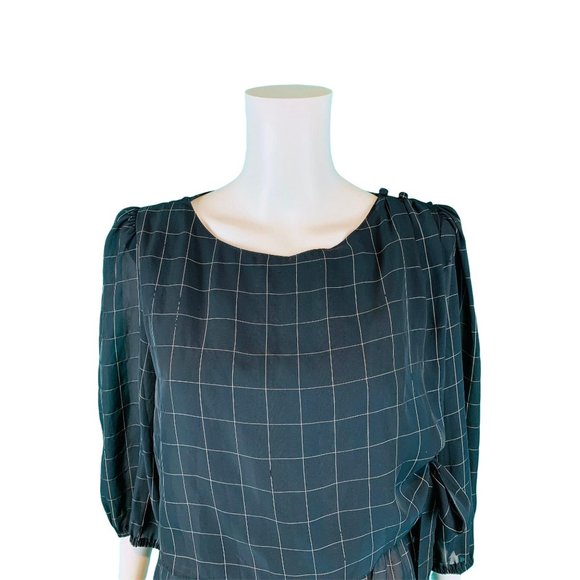 Vintage 80s Sheer Dress Womens Medium Black Windowpane Waist Tie - Picture 3 of 10